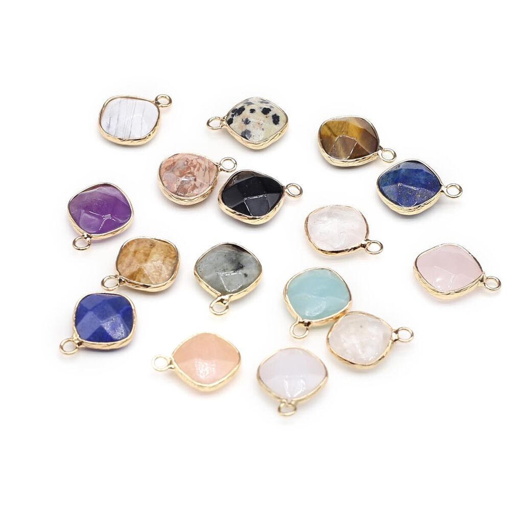 9193 8pcs Natural Stone Pendant Square Rose Quartz Amazonite Gold Edging
